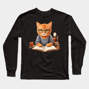 Nerd ginger cat reading book wearing glasses Long Sleeve T-Shirt